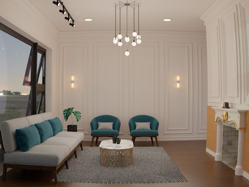 Elegant living room with a modern sofa, teal armchairs, and a classic white fireplace, under soft lighting.