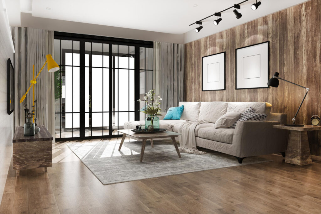 Modern living room interior with gray sofa, wooden floors