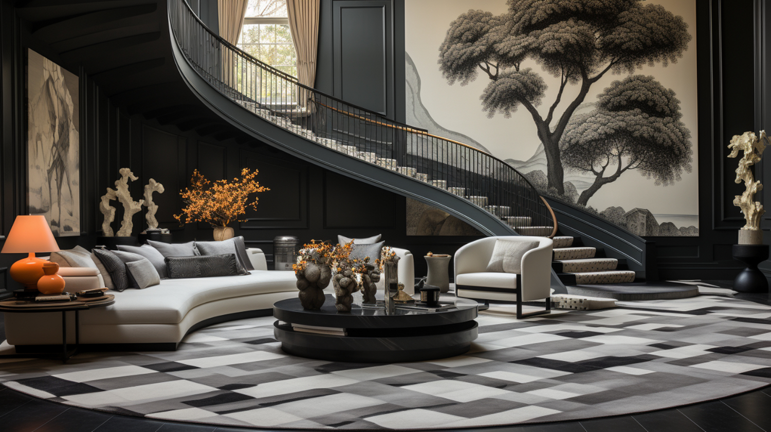 Luxurious lounge with curved staircase, black and white decor, and large tree mural on dark walls.