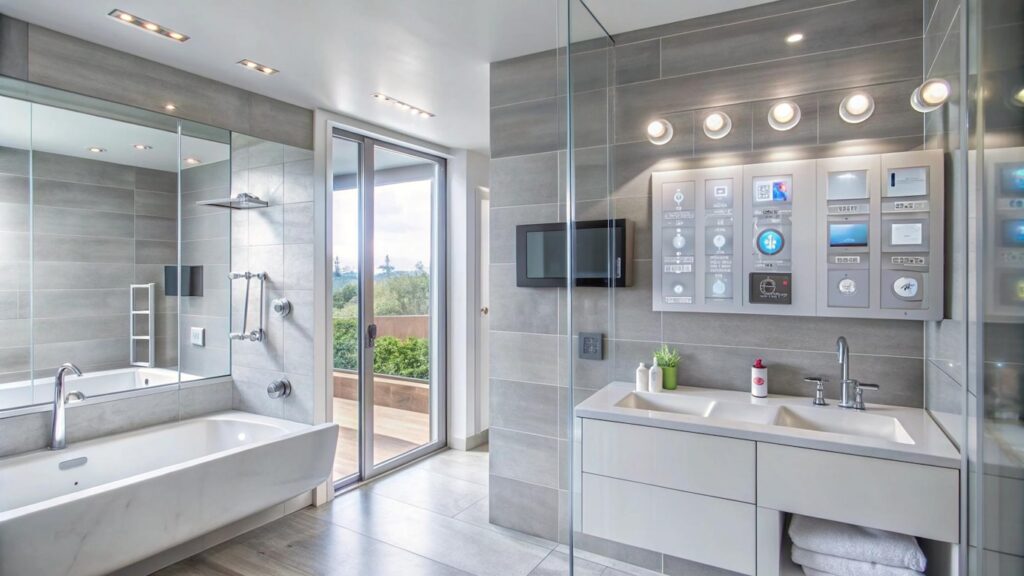 Modern bathroom interior featuring a bathtub, shower, smart control panel, and view to the outdoors through a glass door.