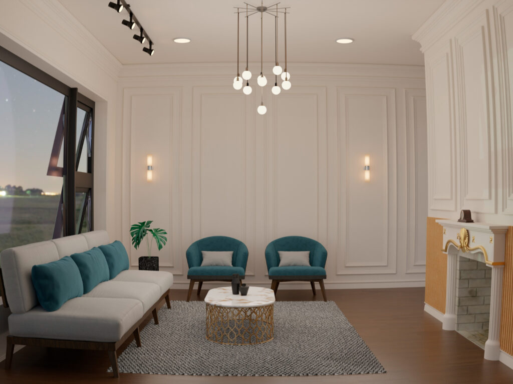 Elegant living room with classic white walls, a modern sofa