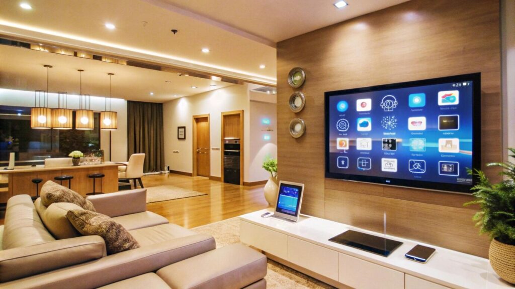 Modern living room with large smart TV on a wooden wall, cozy sofas