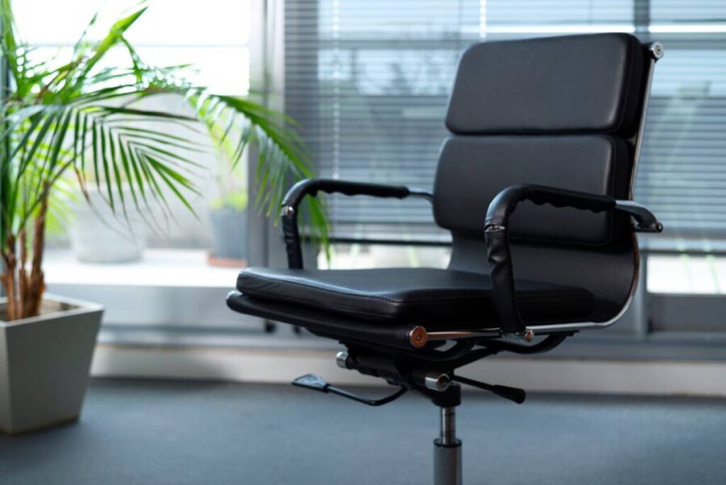 A modern black office chair in a bright room with large windows and a potted palm plant.