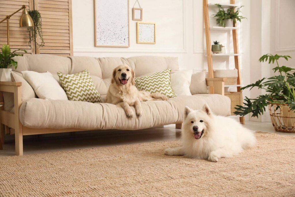 Two happy dogs, a golden retriever on a beige sofa and a fluffy white Samoyed on the floor