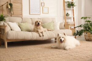 Two happy dogs, a golden retriever on a beige sofa and a fluffy white Samoyed on the floor