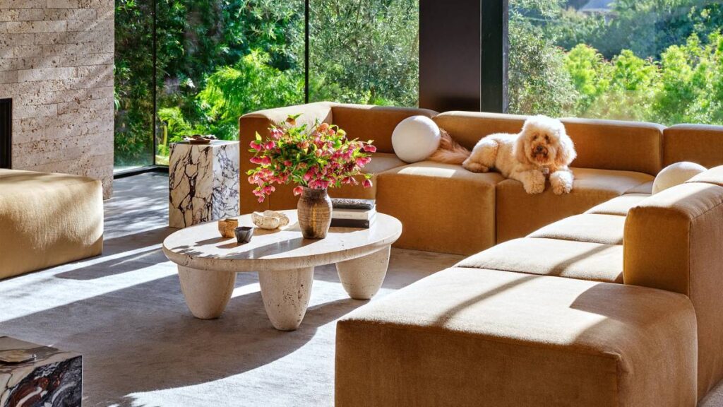 Modern living room with large windows, a plush tan sectional sofa, and a small dog resting on it.