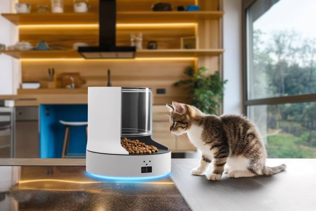 Kitten observing an automatic pet feeder in a modern kitchen.