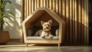 A small dog sitting inside a wooden house-shaped dog bed in a sunlit room.