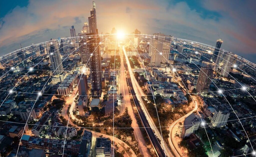 bustling city at sunset, with glowing roads and a grid overlay