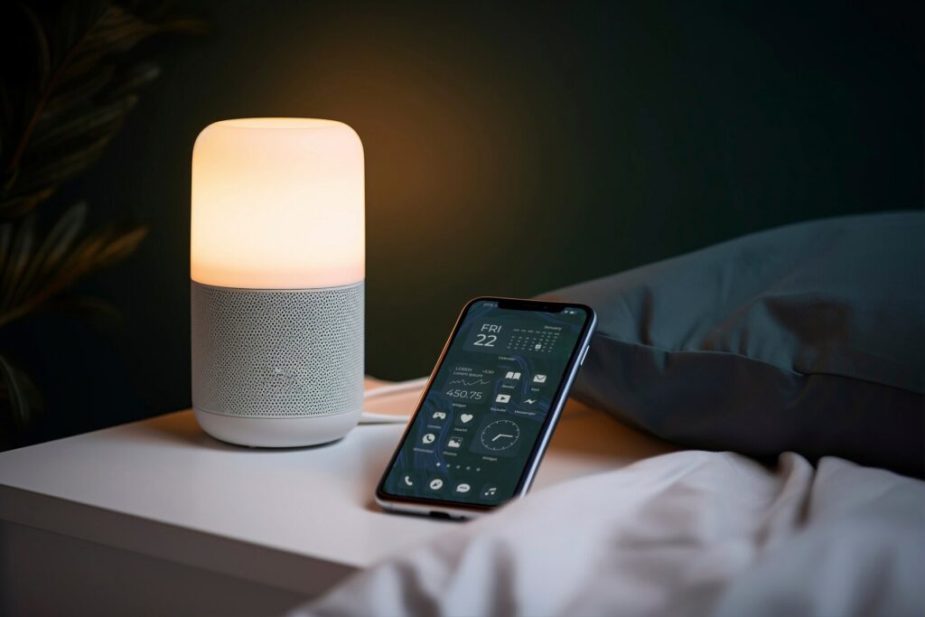 A bedside table features a glowing smart lamp and a smartphone displaying a calendar and notifications against a dark backdrop.
