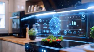 Robot preparing food in a sunny, modern kitchen.