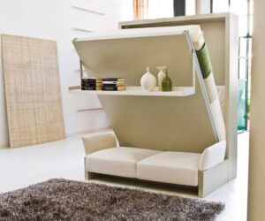 Modern convertible furniture featuring a sofa that transforms into a bookshelf, set in a bright living room.