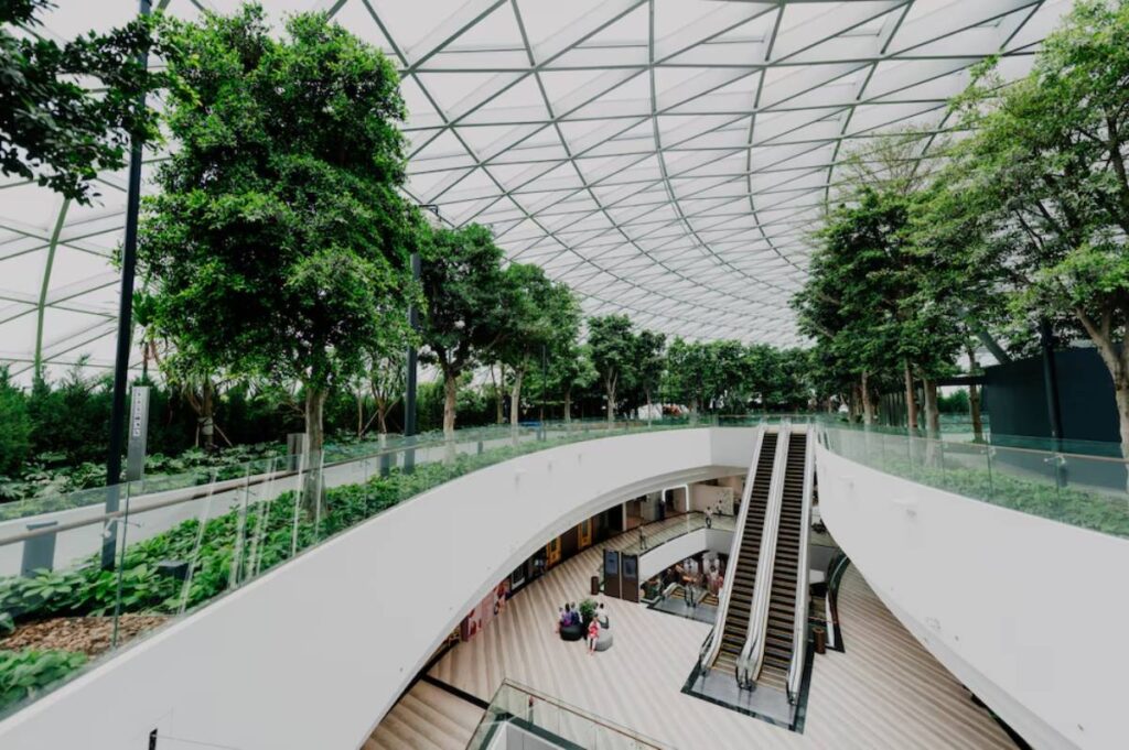 Interior of a modern building with a geometric ceiling, lush green trees, and curved escalators.